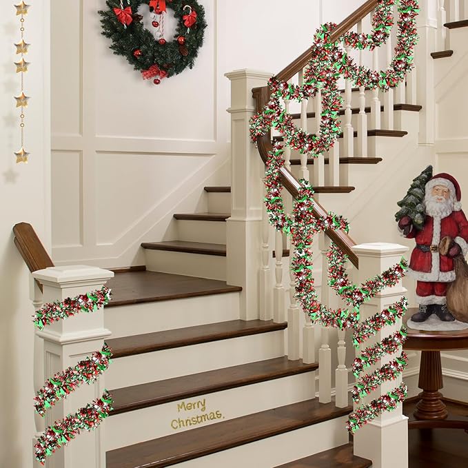 50 Feet Christmas Tinsel Twist Garland - Metallic Tree Hanging Decorations for Party Supplies (Red, Green and Silver)