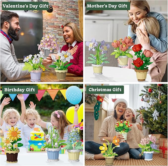 12 Pcs Flowers Bouquet Building Set,2531 Pcs Flower Botanical Collection Building Block Toy,Micro Plant for Home or Office Decor, Mother's Day Valentine Christmas Birthday Gifts for Adults,Girls