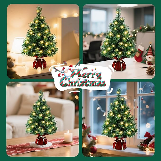 Pre-Lit Mini Christmas Tree with Lights, Red Velvet Cloth Base, Artificial Desktop Xmas Tree Small Space Holiday Decoration