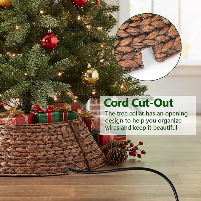 Christmas Tree Collar 24'' D Handmade Hyacinth Tree Collar Basket Rattan Wicker Christmas Woven Tree Ring Stand Base Cover for Christmas Holiday Decoration-Brown Washed