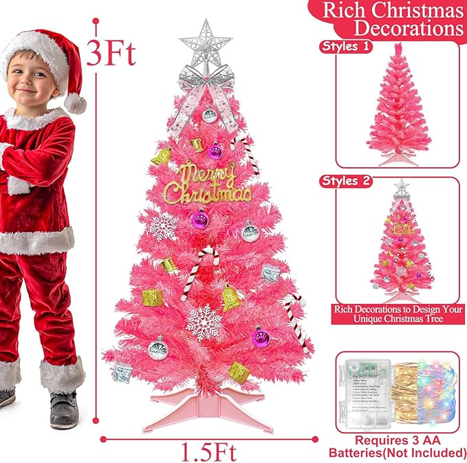 3 Ft Pink Valentine's Day Tree with Dual Color Change Lights Timer Remote, 3D Star&44Ornaments, 8 Modes 50 Warm&Colorful Change Lights Battery Operated, Small Mini Tree Table Indoor Holiday Home Decor