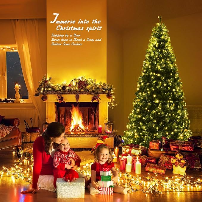 COSTWAY 7 FT Pre-lit Christmas Tree, Artificial Xmas Tree with 500 Warm White & Multicolored Lights, 11 Modes, 1570 Branch Tips, Metal Support, Holiday Decoration Fake Tree for Home, Office, Party