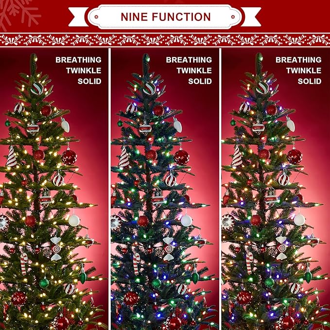 Glitzhome 9ft Prelit Christmas Tree, Cascade Evergreen Slim Fir Artificial Christmas Tree with 500 Strawberry Lights,1468 PE&PVC Branch Tips, 9 Functional Warm White/Multi-Color, Remote Controller