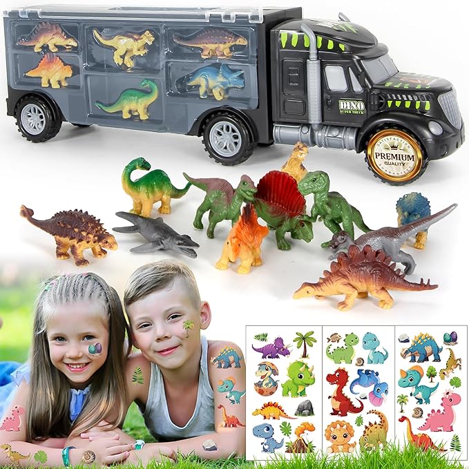 MOBIUS Toys Dinosaur Truck Carrier – Large Transport Truck with 12 Realistic Dino Figures for Kids Ages 3–7 – Durable BPA-Free Dinosaur Storage Toy Set for Indoor & Outdoor Play, Gift Box