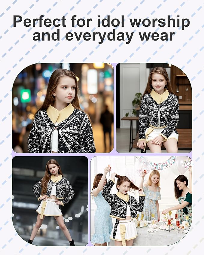 Pop Singer Costume Set for Girls, Halloween Stage Performance Outfit with Outerwear, T-Shirt & Skirt