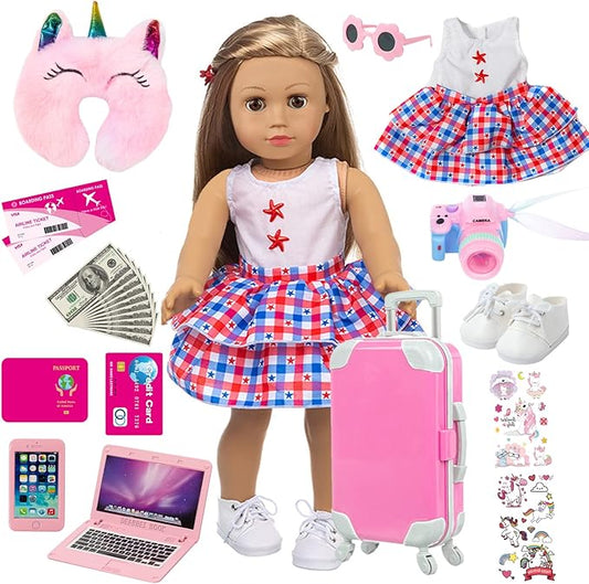 ZQDOLL American 18 inch Doll Clothes and Accessories - Travel Suitcase Play Set Including Suitcase Clothes, Shoes, Sunglasses, Camera, Unicorn Pillow, for 18 inch Doll(No Dolls)