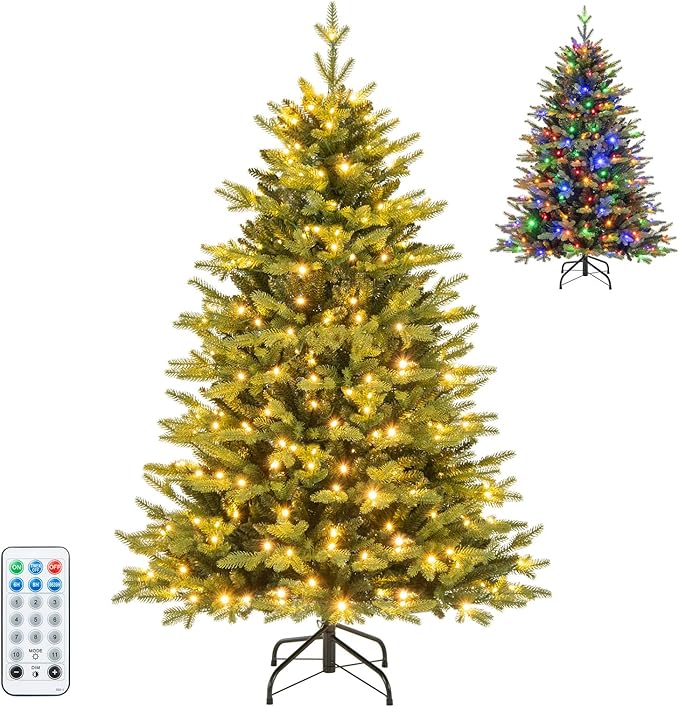 GOFLAME 5FT Prelit Artificial Christmas Tree, Hinged Christmas Tree with 250 LED Lights, 11 Lighting Modes, 844 PE & PVC Branch Tips, Holiday Decoration Tree with Remote, Timer, Adjustable Brightness