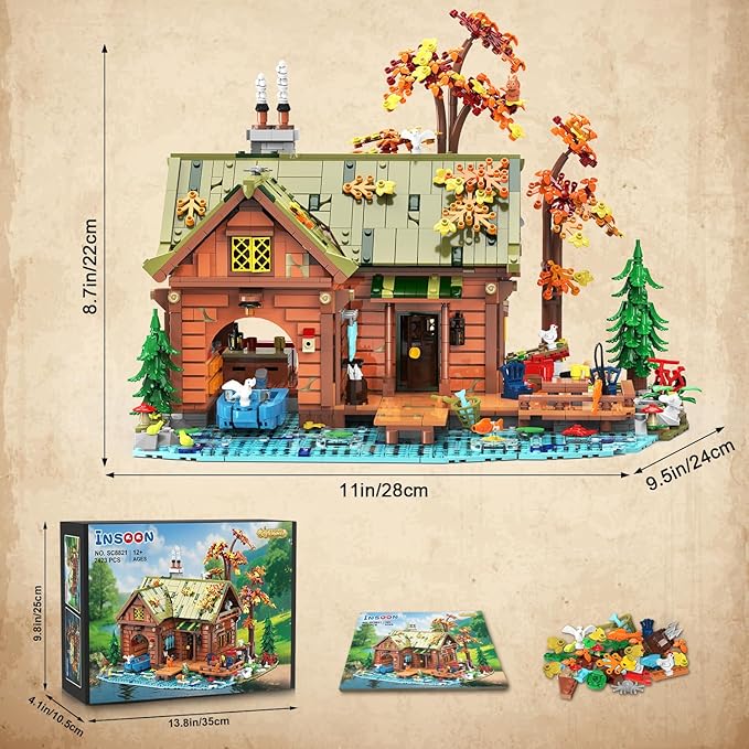 Overwater Cabin Mini Building Set with Light, 2423 PCS Wooden Forest House Building Block Toy with Boat Bike Animals, Home Decor Treehouse Construction Model Kit for Adults Teens Boys Girls 12+
