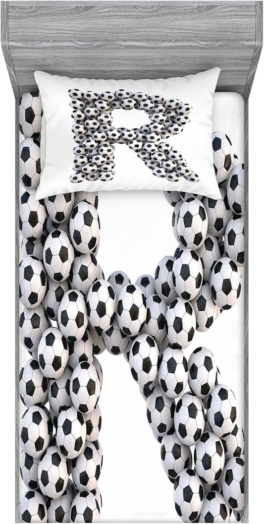 Ambesonne Letter R Fitted Sheet & Pillow Sham Set, Soccer Themed Pattern Abstract Alphabet Design Uppercase Character R Sign, Decorative Printed 2 Piece Bedding Decor Set, Twinxl, White Black