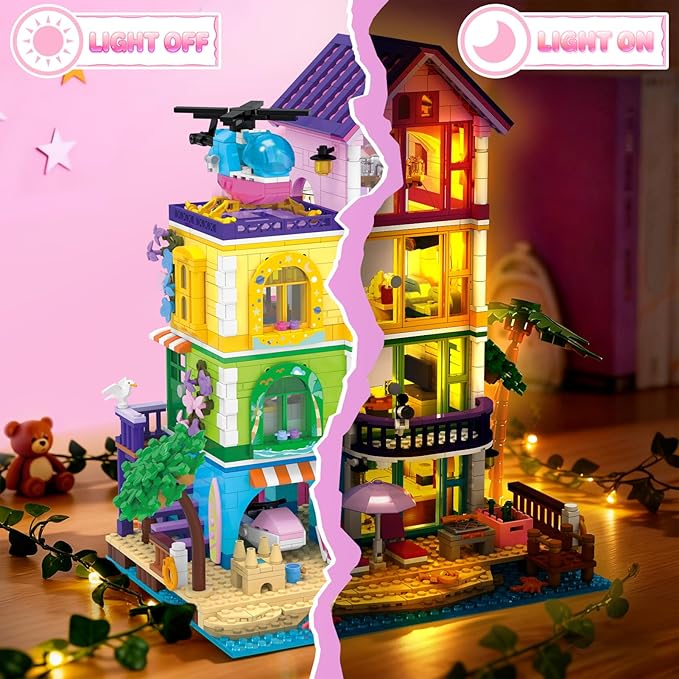 Girl Beach House Building Set with LED Light, NO Compatible with Lego 1346PCS Friends Seaside Villa Building Toy with Plane and Boat, Colorful 4 Floor Garden Home Gifts for Christmas, Valentine's Day