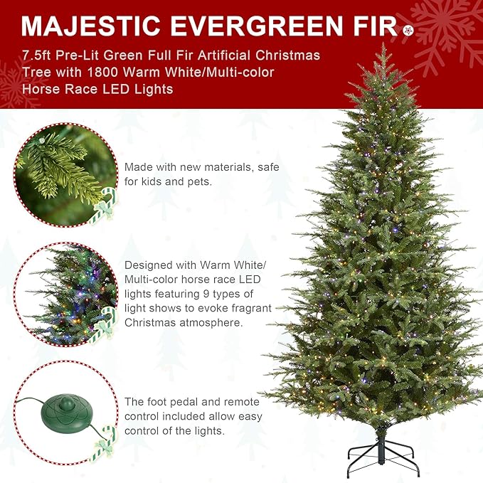 Glitzhome 7.5ft Prelit Artificial Christmas Tree, Green Full Christmas Tree Majestic Evergreen Fir with 1800 Warm White/Multi-Color Horse Race LED Lights, 9 Function w/Foot Pedal and Remote Control
