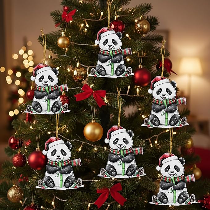 6 Pcs Panda Christmas Ornaments for Tree, Cute Acrylic Hanging Decorations, Unique Animal Theme Holiday Decor for Home