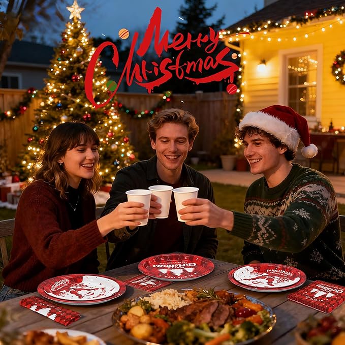 Gezond 200 Pcs Christmas Paper Plates and Napkins, Christmas Tree Red Plaid Disposable Plates, Incloud Dinner Plate Dessert Plate and Napkins for Holiday Party Supplies Serve 50