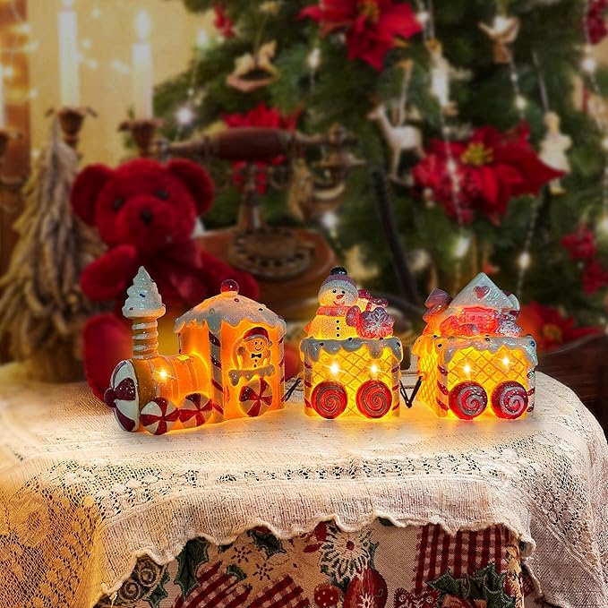 Christmas Table Decorations Indoor Train, Candy Cane Christmas Decorations for Tabletop, Xmas Pink Lighted Centerpieces Table Decorations for Home Outdoor, Xmas Train Decor Figurines