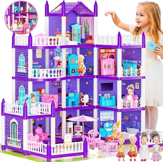 4 Stories Dollhouse for Girls, DIY Doll House Accessories Playhouse with Furniture and 11 Rooms, Pretend Play House with Lights for Kids, Portable Building Dolls Playset Toys Kit Gift for Ages 6+