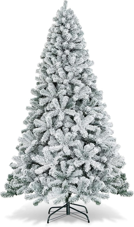 Goplus 7.5FT Artificial Snow Flocked Christmas Tree, Snowy Hinged Pine Tree, Premium PVC Needles/Solid Metal Stand, Xmas Full Tree for Indoor and Outdoor