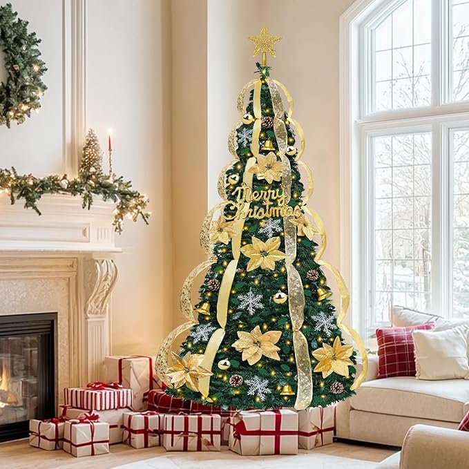 6Ft Pop Up Full Christmas Tree Prelit Dual Color Change and Pre-Decorated 80 Ornaments 1 Minute Christmas Tree 200 Warm White&Colored Lights Timer 8 Mode UL Plug in Collapsible Xmas Tree Holiday Decor