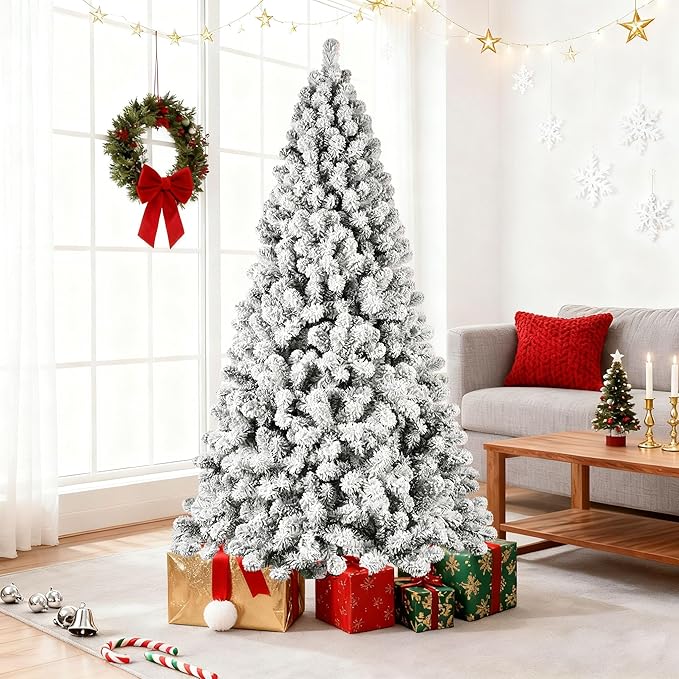 Kadunmina 9ft Artificial Christmas Tree, Premium Unlit Hinged Snow Flocked Xmas Tree with 1910 Branch Tips, Realistic Holiday Full Trees with Foldable Metal Stand for Home,Office,Green & White