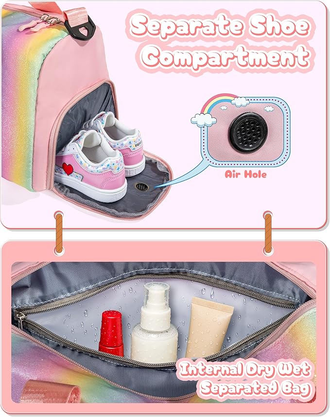 Christmas Gifts for Girls-Girl Gym Bag with Shoe Compartment, Kid Personalized Weekender Overnight Bags, Initial Travel Tote with Makeup Pouch, Gift for 3 4 5 6 7 Year Old Kids (Letter T)