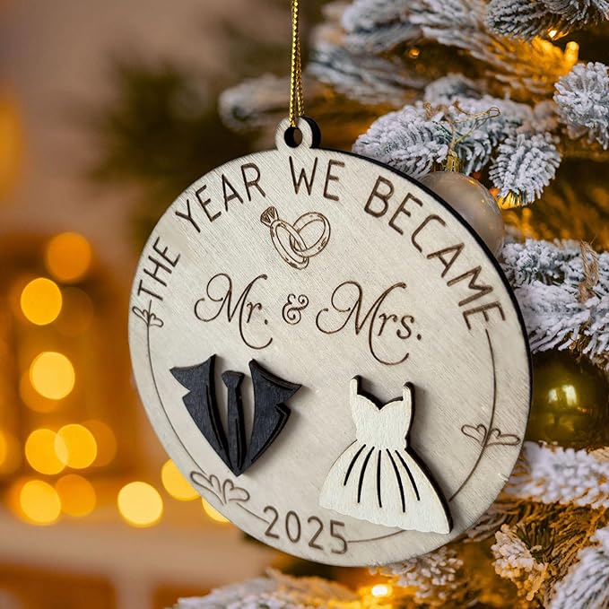 Mr and Mrs 2025 Wedding Gifts - First Christmas Married Ornament for Couples, Bride - Easily Add Personal Name With Marker (Not Included)