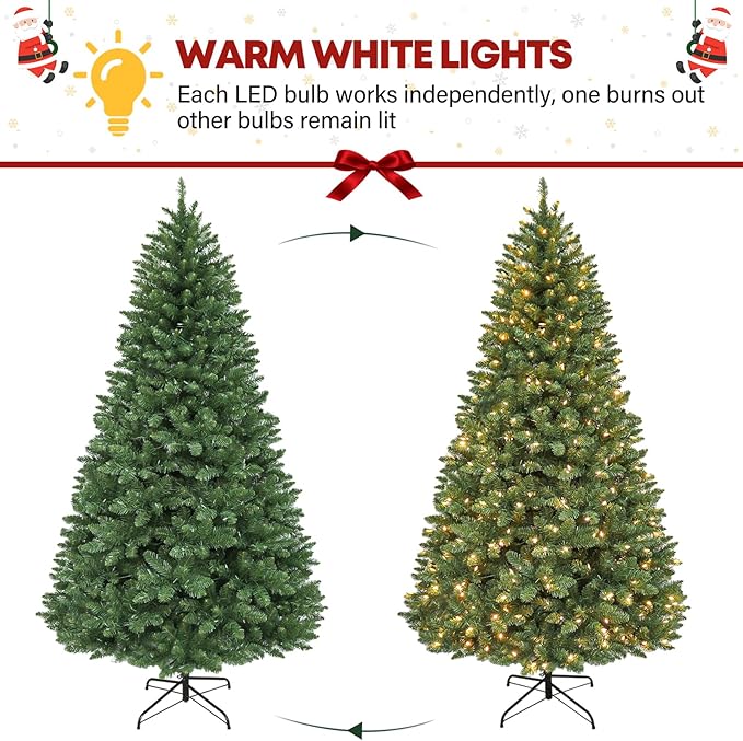 6 ft Lighted Christmas Tree, Artificial Christmas Tree with 250 Warm White Lights, 1032 Branch Tips, Hinged Branches and Metal Stand