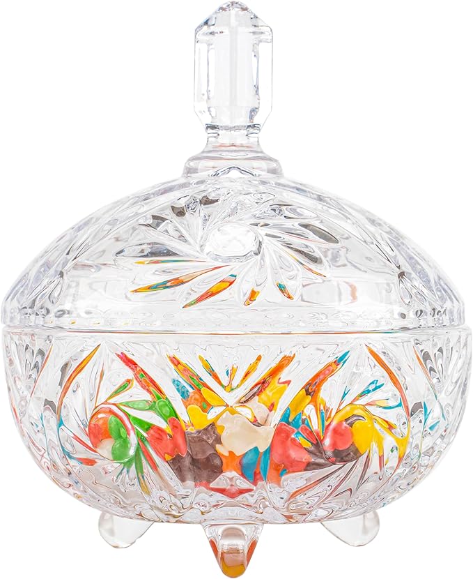 27oz Large Glass Candy Dish with Lid, Crystal Candy Bowl, Embossed Decorative Storage Jar for Office Desk, Jewelry Box, Biscuit, Christmas, Wedding, Birthday Gift