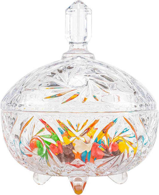 27oz Large Glass Candy Dish with Lid, Crystal Candy Bowl, Embossed Decorative Storage Jar for Office Desk, Jewelry Box, Biscuit, Christmas, Wedding, Birthday Gift