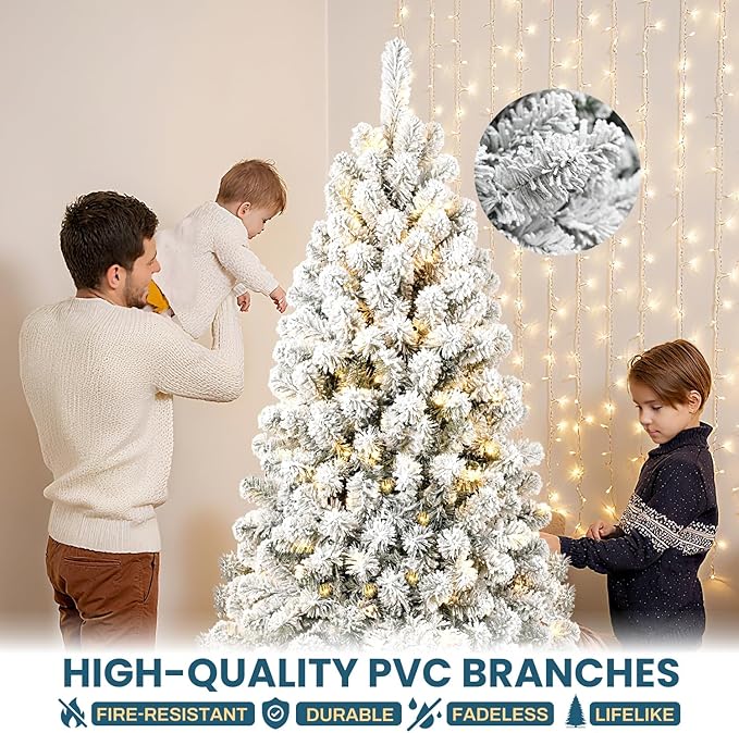 Kadunmina 6ft Pre-lit Artificial Christmas Tree, Hinged Snow Flocked Xmas Trees with 300 Incandescent Warm White Lights, 779 Branch Tips and Metal Stand for Home, Office, Holiday Decor,Green & White
