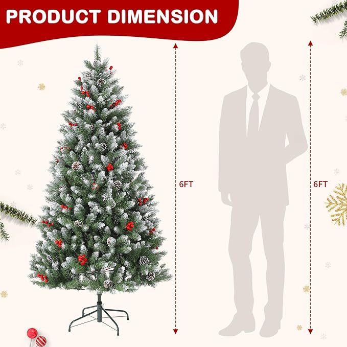 6Ft Christmas Tree Slim - Pencil Xmas Tree with Pine Cones & Berries | Artificial Xmas Tree with Metal Stand,Easy to Install