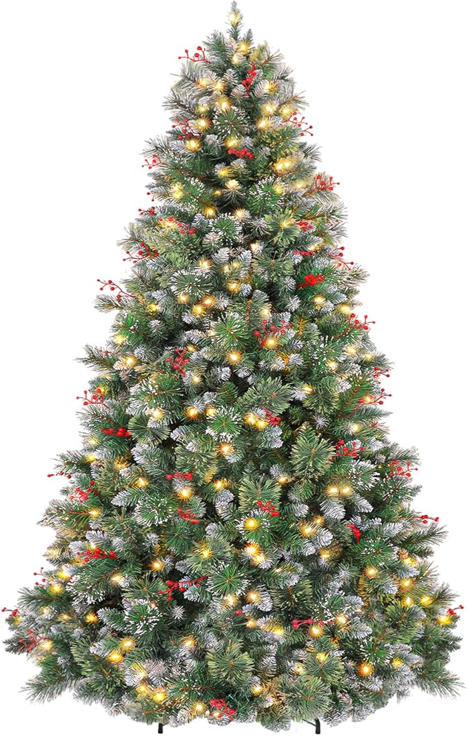 6 ft Lighted Frosted Christmas Tree, Artificial Pine Christmas Tree with Red Berries, 250 Warm White LED Lights, 956 Branch Tips, Foldable Metal Stand and Hinged Branches