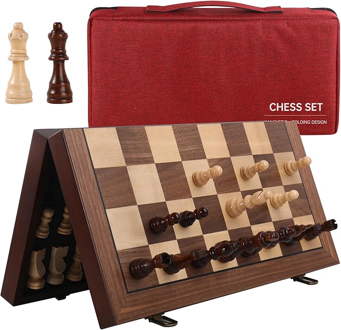 Magnetic Wooden Chess Set 15'' Folding Chess Board, Portable Travel Chess Set Games with Chessboard Bag, Beginner Chess Set for Tournament Professional Beginner