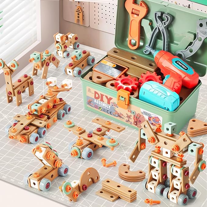 Kids Tool Set with Drill,155Pcs Toddler Tool Set with Toolbox,STEM Montessori Toys for 3 4 5 Year Old,Pretend Play Kid Toy,Educational Construction Toy for 3-5 Year Old Boy Girl,Birthday Gift for Kids