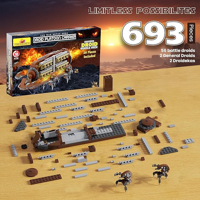 58-Piece Battle Droid Platoon Carrier Attack Craft with 2 Droideka, Building Blocks Compatible with Major Brands, Battle Soldiers Action Figures with Weapons, Clone Army Building Kit for Star Fans
