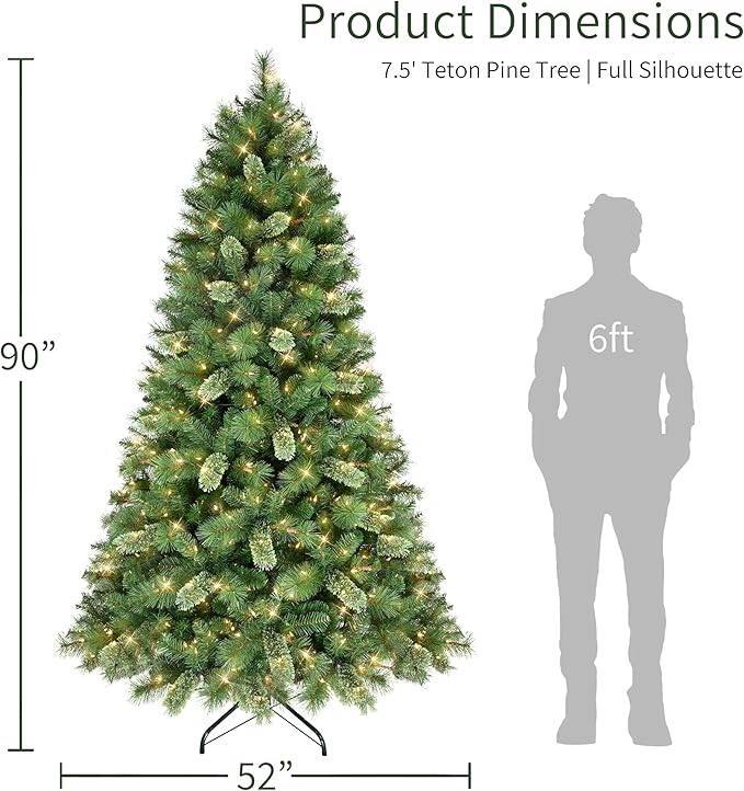 Puleo International 7.5ft Pre-Lit Teton Pine Christmas Tree with 600 Clear Lights, 1347 Realistic Dense Branch Tips, Easy Setup Artificial Trees with Sturdy Metal Stand