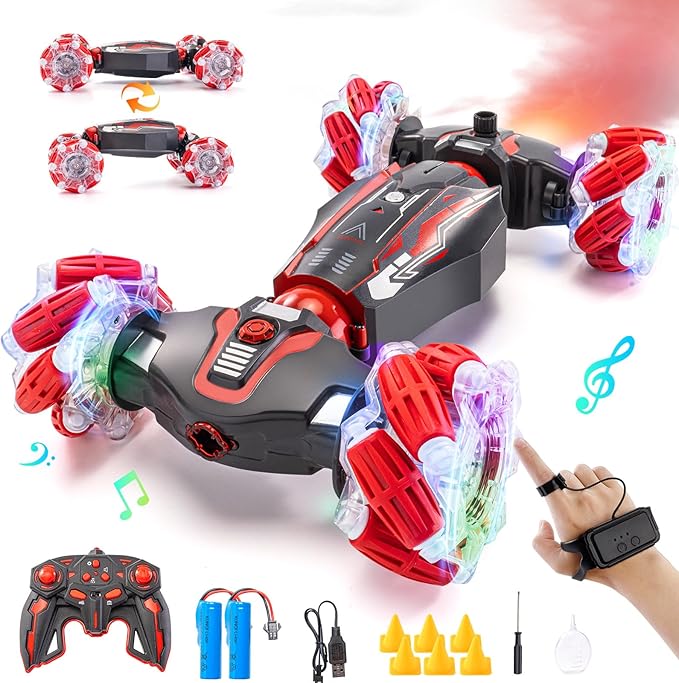 4WD Stunt Car, 2.4 GHz Gesture Sensor RC Cars, Double-Sided Vehicle 360° Flip RC Twist Buggy with Music Spray - Best Christmas and Birthday Present for Boys and Girls Aged 6-12 (Red)