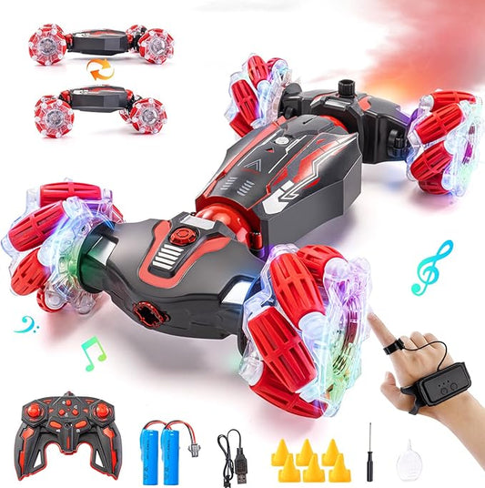 4WD Stunt Car, 2.4 GHz Gesture Sensor RC Cars, Double-Sided Vehicle 360° Flip RC Twist Buggy with Music Spray - Best Christmas and Birthday Present for Boys and Girls Aged 6-12 (Red)