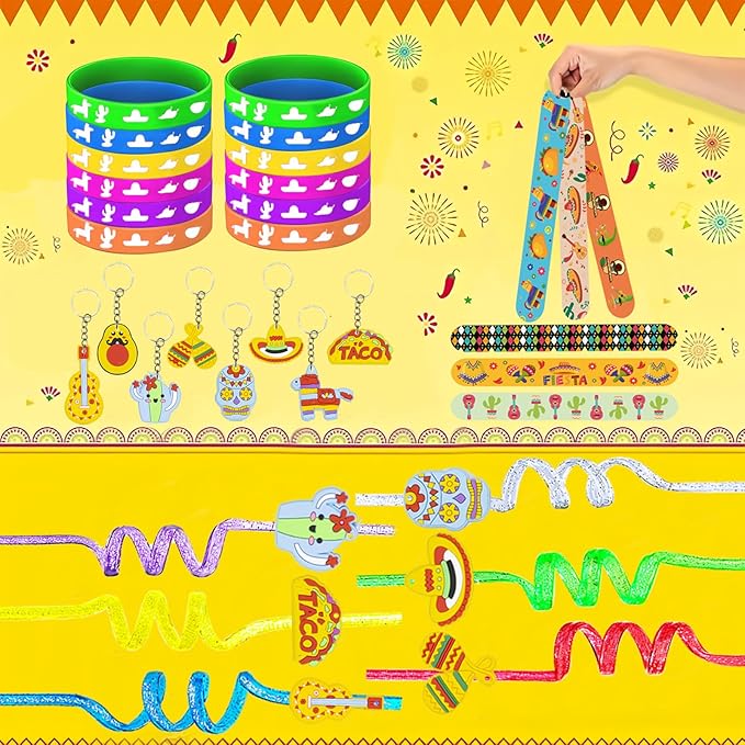 Mexican Fiesta Party Favor 122 PCS Mexican Themed 12 Slap Bracelets 12 Silicone Bracelets 50 Stickers 12 glitter drinking straws 12 Fiesta Keychains 12 Candy Bags 12 Bubble Wands for Mexican Party
