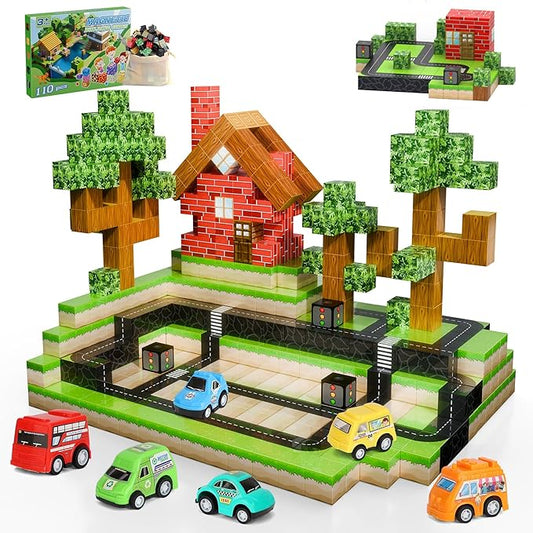 Magnetic Blocks 110PCS with 5 Car Toys, City Building Blocks Set, Toys for Boys & Girls Age 4-6, 6-8, Stacking Building for Toddlers Sensory for Kids 3+