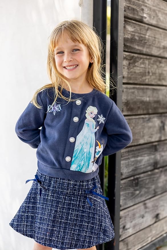 Disney Frozen Elsa Stitch Princess Moana Minnie Toddler Girl 2 Piece Outfit Kid Pearl Button Knit Top & Tweed Skirt Set 2-13Y