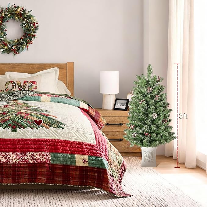 3 Ft Pre-Lit Christmas Tree, Artificial Christmas Tree with 78 Led Lights,8-Mode Battery Box,Timer Battery,Red Berry,Christmas Decoration for Home, Office,Fireside,Easy Installation