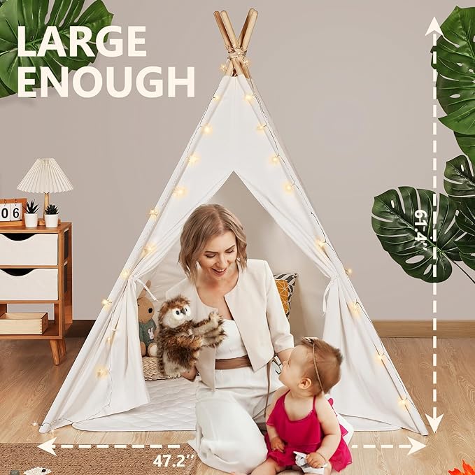 Sumbababy Teepee Tent for Kids Tent Indoor with Mat - 100% Cotton White Toddler Tee Pee Tents Play House- Collapsible Tents for Slumber Party - Washable Tipi Boho Bedroom Gift Toys for Girls & Boys