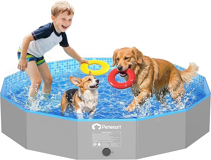 Peteast Foldable Dog Pool with Sturdy Round Design, Extra Large Portable Pet Bathtub, Durable 64" Diameter Portable Design for Backyard & Indoor Use (Includes 2 Flying Disks)