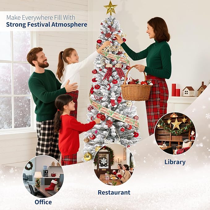 Christmas Artificial Pencil Tree 9Ft with LED Lights, PVC Mixed Tree with Flocked, Holiday Decoration for Indoor Outdoor