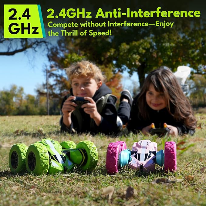 Threeking Remote Control Car RC Cars Toys for Girls Boys Ages 6-12, Upgraded USB-C Modular Batteries, 4WD Stunt Car with Breathing Soft Lights, Double-Sided Driving & 360° Flips, Presents Gifts, Pink