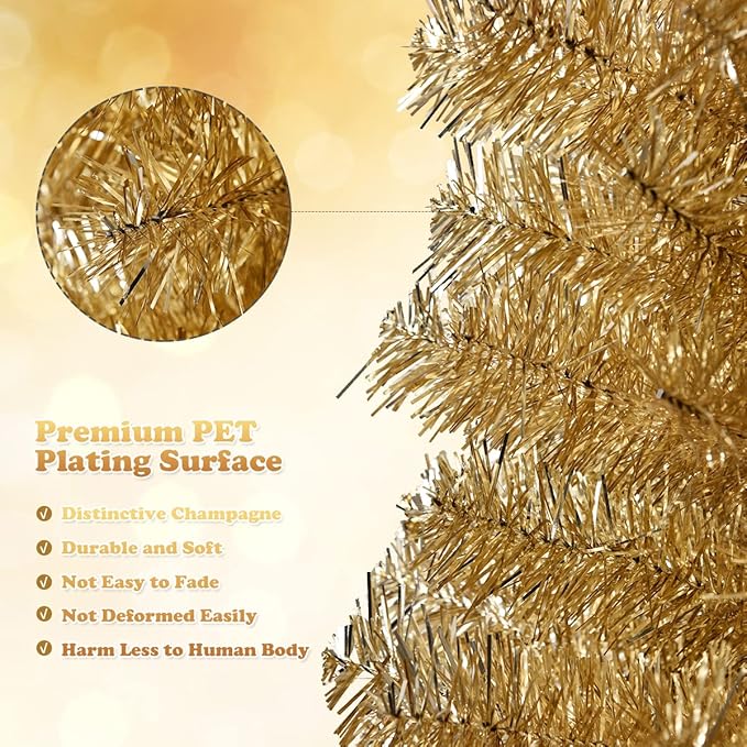 HAPPYGRILL 6 Feet Champagne Pencil Christmas Tree Artificial Slim Christmas Tree Skinny Xmas Tree with Metal Stand, Realistic Unlit Pine Tree with 520 Branch Tips for Indoor Outdoor