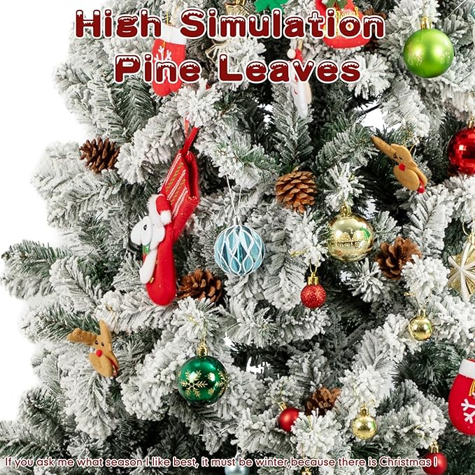 6Ft Flocked Christmas Tree,Realistic Snow-Covered Artificial Xmas Tree with Hinged Branches for Easy Setup,w/1100 Snow Flocked Branch Tips for Home,Office,Party Decoration