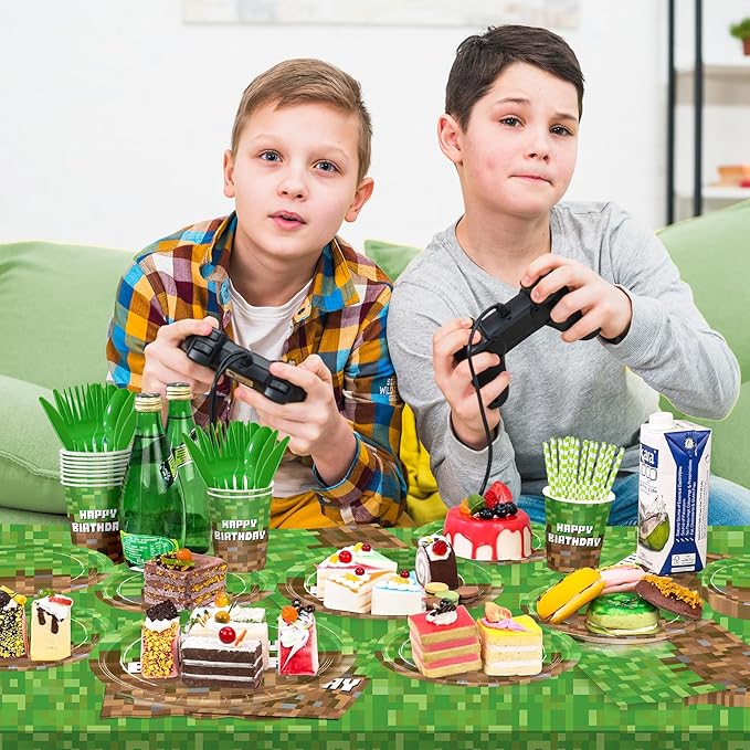 218pcs Green Birthday Party Decorations Plates Napkins Banner Tablecloth Disposable Paper Cups Straws Green Forks Party Supplies Tableware Set for Boys Kid Teen Birthday Decor Serves 24