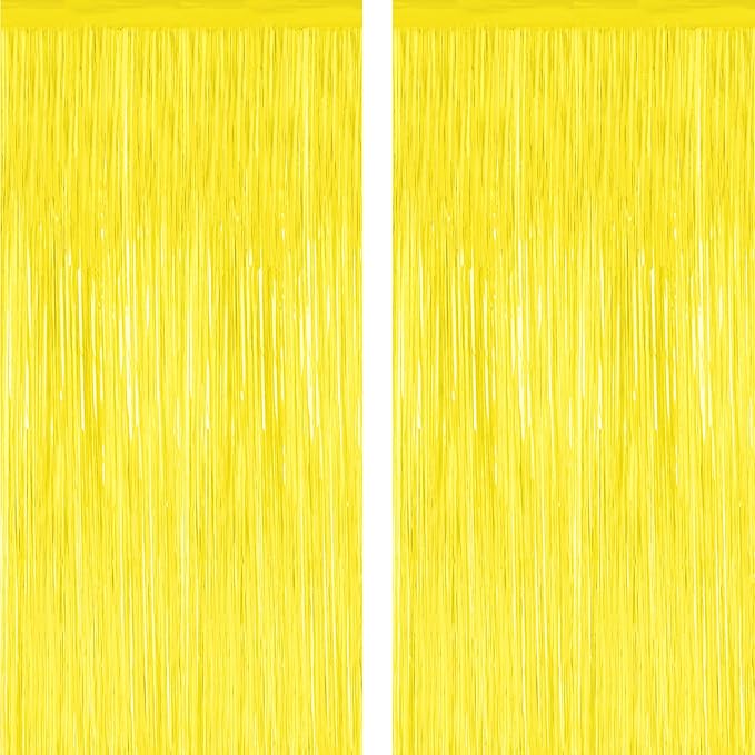 2 Pack Backdrop Curtains, 3.28 FT x 7.05 FT Yellow Color Tinsel Backdrop, Metallic Foil Backdrop Fringe Curtains Party Streamer, Party Decorations Photo Backdrop for Birthday