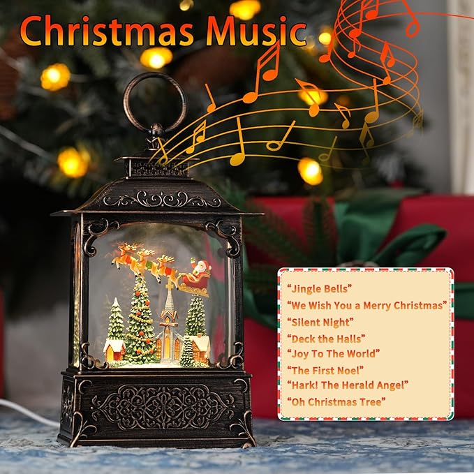 Christmas Snow Globe with Santa & Flying Reindeer Sleigh Church Sence, Light Up Christmas Snow Globes with Music Timer - Glitter Globe Indoor Christmas Decorations