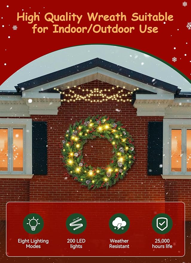Brightown 48 Inch Large Pre-Lit Artificial Christmas Wreath,Outdoor Christmas Decorations with 200 LED Lights, Pine Cones & Berry Clusters,Outdoor Christmas Wreath for Door Wall Windows,Plug-in